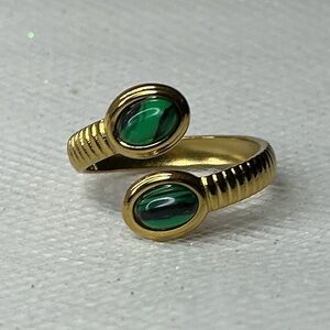 🐍 Simulated Green Malachite Open Gold Serpentine Wrap Ring